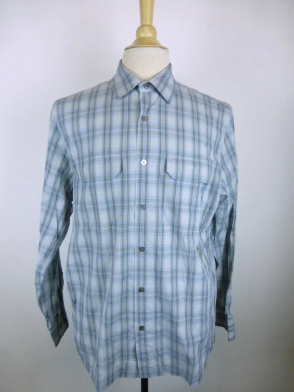 BANANA REPUBLIC shirt blue tan plaid flap pocket work shacket M
